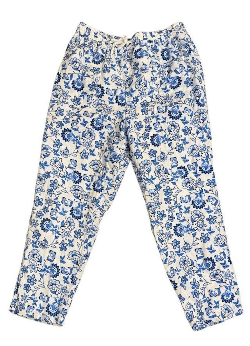 Kim Rogers Blue White Linen Blend Floral Lined Drawstring Pajama Pants Medium